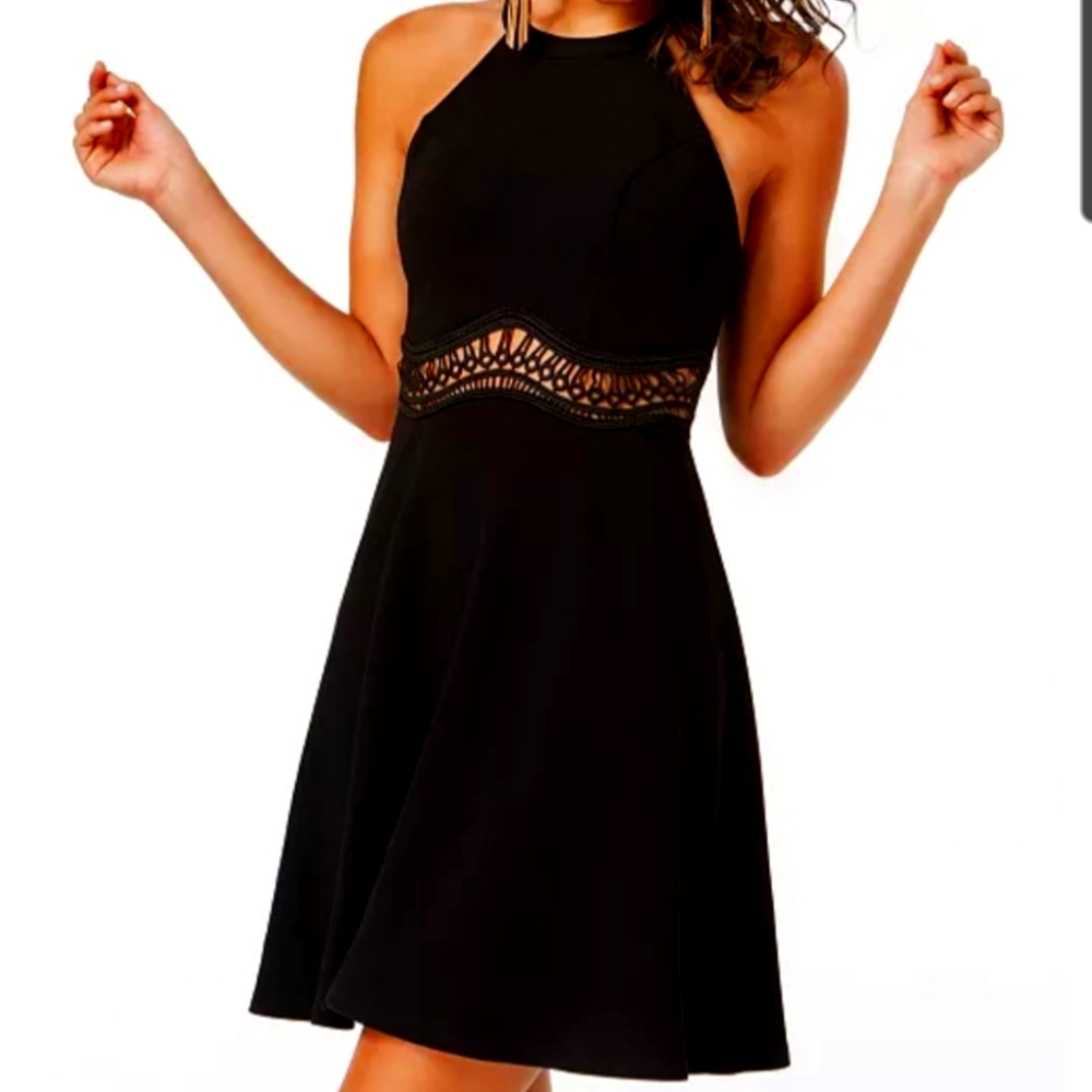Sequin Hearts Black Halter Skater Dress Juniors Size 7 Lace Waist Fit & Flare